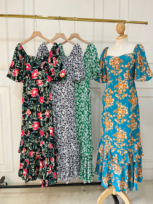Summer Floral Puffer Sleeves Long Tiered Maxi Dress